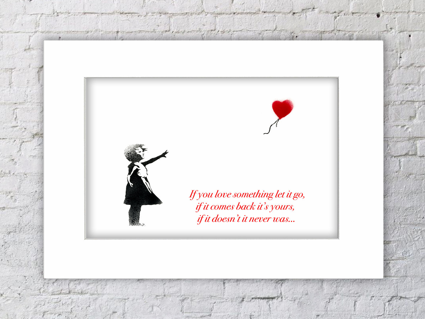 Banksy Balloon Girl White text Mounted Print